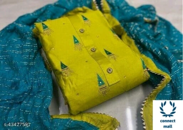 ALISHA Pretty Jam Cotton Fabric Embroidered UnStitched Salwar Suit With Banarasi Silk Fabric Dupatta - Yellow Green
